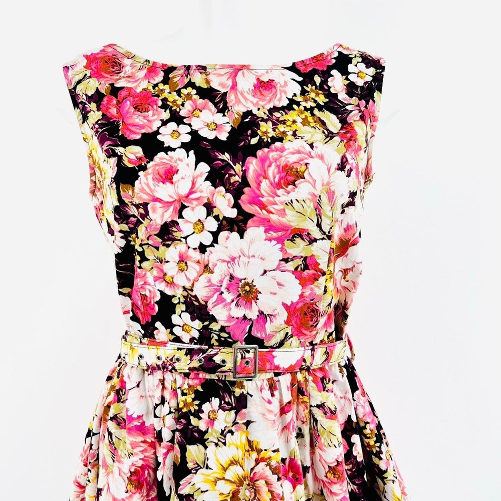 Lindy Bop Audrey Womens Floral Dress UK16 Belted Fit & Flare Retro Style - Picture 2 of 8